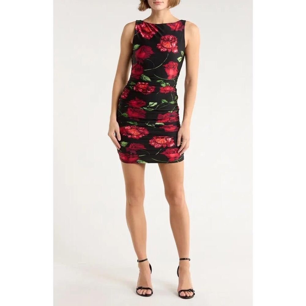 New AFRM LOS ANGELES Leila Shiny Knit Bodycon Dress in Black Floral Size S